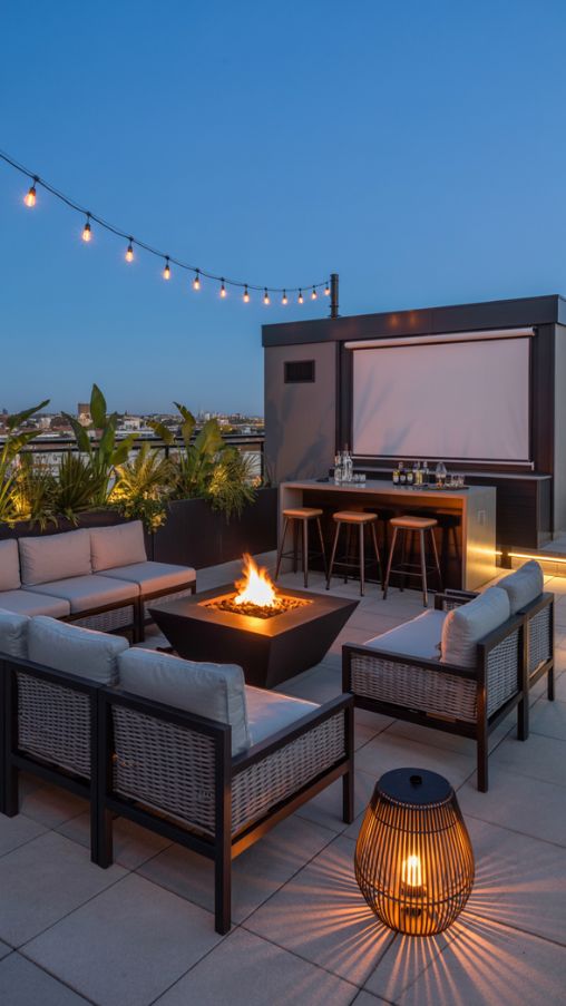 Rooftop terrace with fire pit, projector screen, modular seating, and ambient lighting for social gatherings