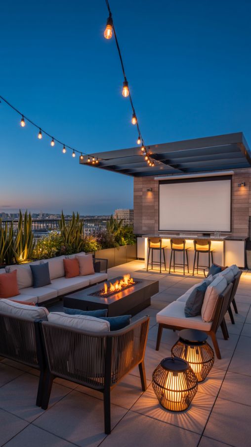 Rooftop terrace with fire pit, projector screen, modular seating, and ambient lighting for social gatherings