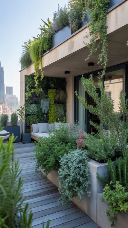 Rooftop terrace with layered greenery, vertical garden, and Mediterranean plants like lavender and rosemary