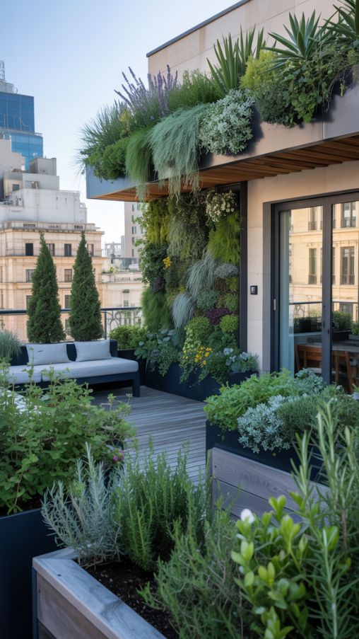 Rooftop terrace with layered greenery, vertical garden, and Mediterranean plants like lavender and rosemary
