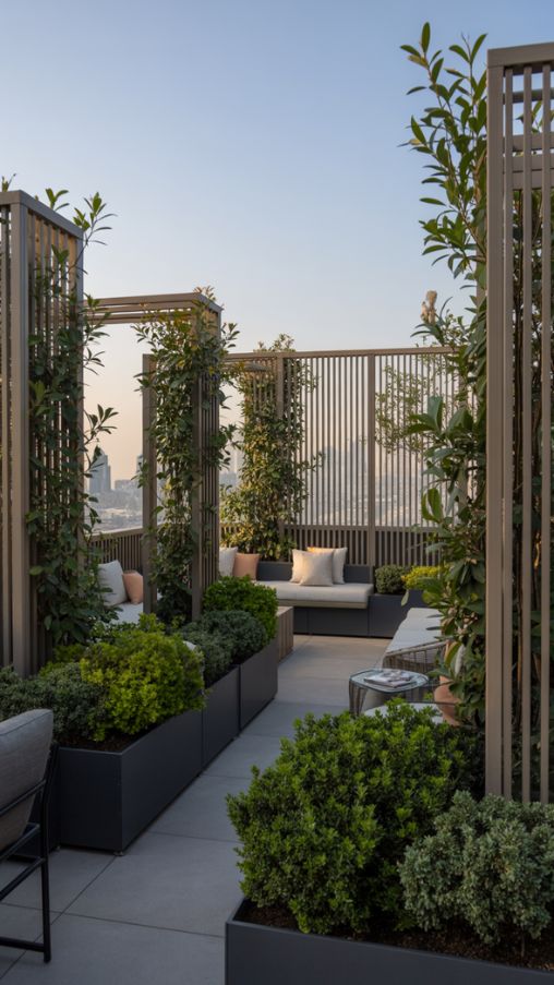 Rooftop terrace with tall planters, climbing plants, and trellises creating a private, cozy outdoor space