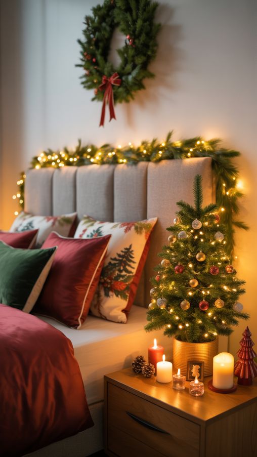 Create a photorealistic bedroom scene decorated for Christmas. The room should feel cozy, festive, and magical while maintaining a relaxing atmosphere. Include holiday-themed bedding with throws and pillows in red, green, and gold tones. Add a miniature Christmas tree on a nightstand or dresser with small ornaments and string lights. Include wall decorations like a wreath above the headboard or a garland framing the bed. Add subtle festive accents on the nightstand such as candles, figurines, or pinecones. For a kids’ bedroom variation, include colorful holiday bedding, stuffed holiday characters, and seasonal storybooks. Use warm, soft lighting to create a joyful and inviting holiday ambiance.