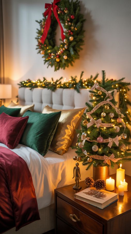 Create a photorealistic bedroom scene decorated for Christmas. The room should feel cozy, festive, and magical while maintaining a relaxing atmosphere. Include holiday-themed bedding with throws and pillows in red, green, and gold tones. Add a miniature Christmas tree on a nightstand or dresser with small ornaments and string lights. Include wall decorations like a wreath above the headboard or a garland framing the bed. Add subtle festive accents on the nightstand such as candles, figurines, or pinecones. For a kids’ bedroom variation, include colorful holiday bedding, stuffed holiday characters, and seasonal storybooks. Use warm, soft lighting to create a joyful and inviting holiday ambiance.