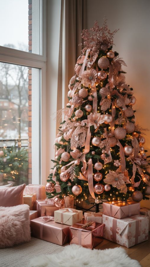 Rose Gold Christmas Tree Ideas Themed for a Modern Elegant Holiday Decor
