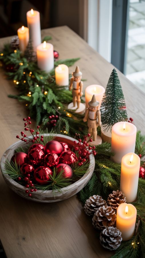 Rustic Christmas entry table centerpiece with ornaments, greenery, candles, and mini tree