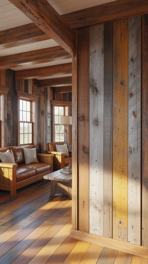 Rustic Farmhouse Interior with Reclaimed Wood and Exposed Beams