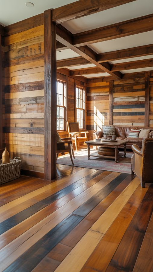 Rustic Farmhouse Interior with Reclaimed Wood and Exposed Beams