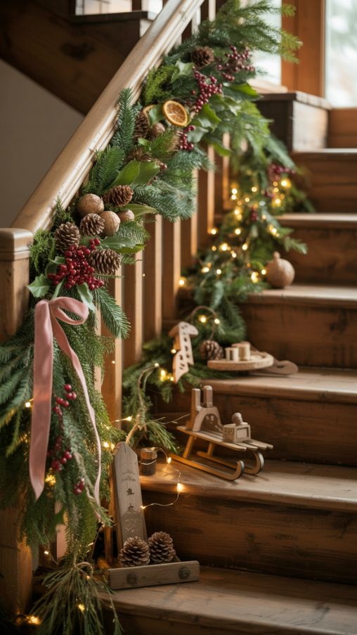 Rustic and Natural Stair Railing Christmas Decorating Ideas