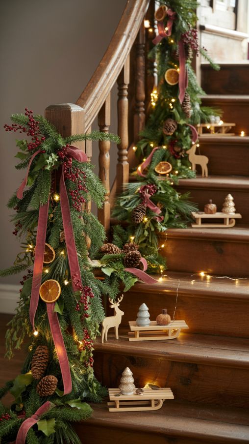 Rustic and Natural Stair Railing Christmas Decorating Ideas
