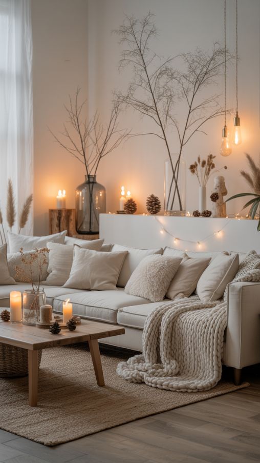 Create a high-resolution photorealistic image of a cozy living room decorated for winter without any Christmas-specific elements. The space should feature neutral tones such as cream, beige, and warm gray, with soft textures like wool blankets, plush cushions, and layered rugs. Include warm ambient lighting from candles, soft bulbs, and subtle fairy lights. Add natural elements like bare branches in vases, pinecones, or dried flowers to evoke a serene winter atmosphere. The room should feel calm, peaceful, and inviting, like a quiet retreat for relaxation during the winter season, emphasizing cozy, minimalist winter decor ideas not Christmas.