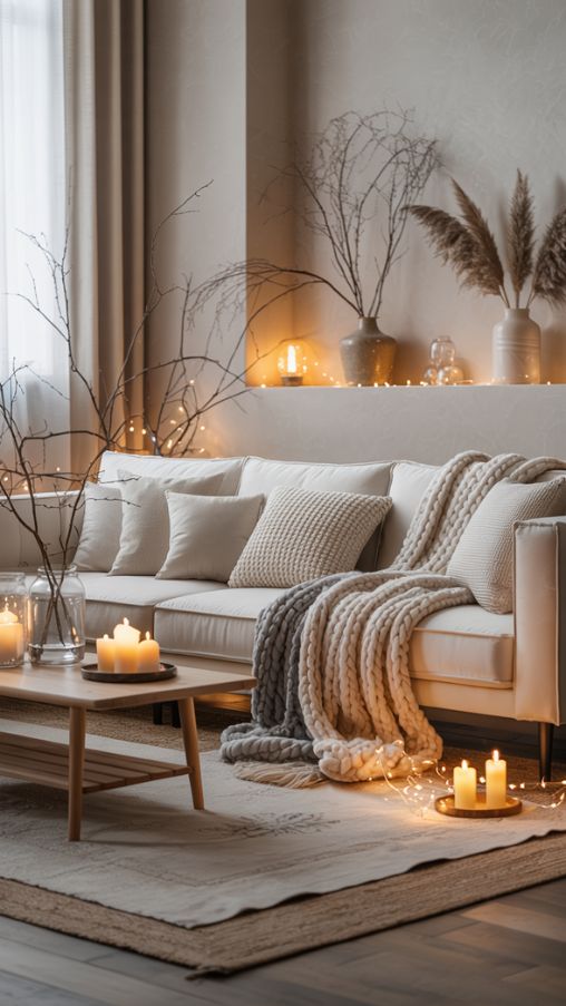 Create a high-resolution photorealistic image of a cozy living room decorated for winter without any Christmas-specific elements. The space should feature neutral tones such as cream, beige, and warm gray, with soft textures like wool blankets, plush cushions, and layered rugs. Include warm ambient lighting from candles, soft bulbs, and subtle fairy lights. Add natural elements like bare branches in vases, pinecones, or dried flowers to evoke a serene winter atmosphere. The room should feel calm, peaceful, and inviting, like a quiet retreat for relaxation during the winter season, emphasizing cozy, minimalist winter decor ideas not Christmas.