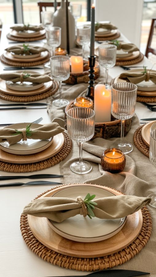 A beautifully styled Thanksgiving dining table showcasing the art of layering textures for depth and warmth. A soft linen or burlap runner flows down the center, topped with wooden or rattan chargers beneath elegant ceramic plates. Velvet or cotton napkins are folded neatly on each plate and tied with a ribbon or herb sprig. Glass and metal candleholders are interspersed along the table, casting a cozy glow over the textured arrangement. The combination of soft fabrics, natural wood, woven accents, and flickering candles creates a rich, inviting atmosphere that feels both elegant and effortlessly cozy.Keywords/Focus: simple Thanksgiving table decor ideas, layered table textures, cozy rustic Thanksgiving decorAlt Text: A Thanksgiving table layered with linen runners, wooden chargers, velvet napkins, and glass candles for a cozy, textured look.Image Title: Layered Textures for Simple Thanksgiving Table Decor