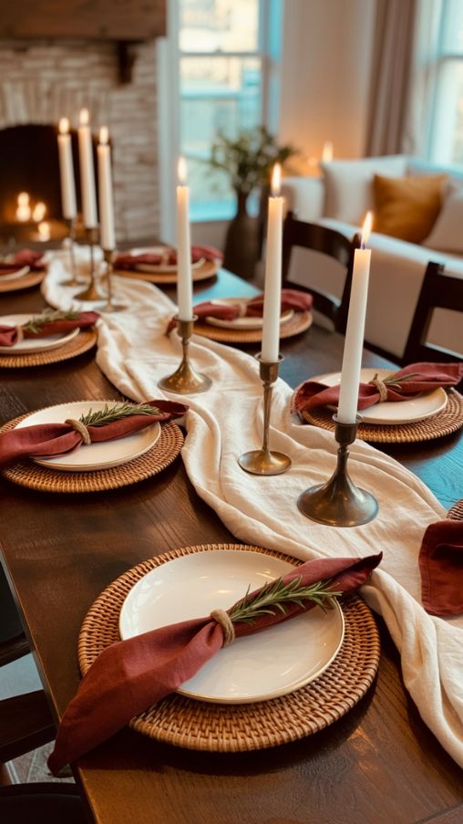 A beautifully styled Thanksgiving dining table showcasing the art of layering textures for depth and warmth. A soft linen or burlap runner flows down the center, topped with wooden or rattan chargers beneath elegant ceramic plates. Velvet or cotton napkins are folded neatly on each plate and tied with a ribbon or herb sprig. Glass and metal candleholders are interspersed along the table, casting a cozy glow over the textured arrangement. The combination of soft fabrics, natural wood, woven accents, and flickering candles creates a rich, inviting atmosphere that feels both elegant and effortlessly cozy.Keywords/Focus: simple Thanksgiving table decor ideas, layered table textures, cozy rustic Thanksgiving decorAlt Text: A Thanksgiving table layered with linen runners, wooden chargers, velvet napkins, and glass candles for a cozy, textured look.Image Title: Layered Textures for Simple Thanksgiving Table Decor
