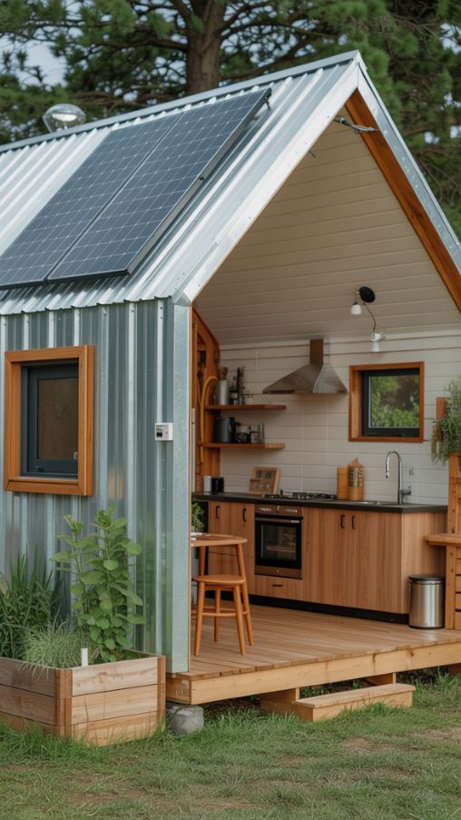 Small Barndominium with solar panels, rainwater collection, energy-efficient windows, recycled wood interiors, and eco-friendly lighting for sustainable living.