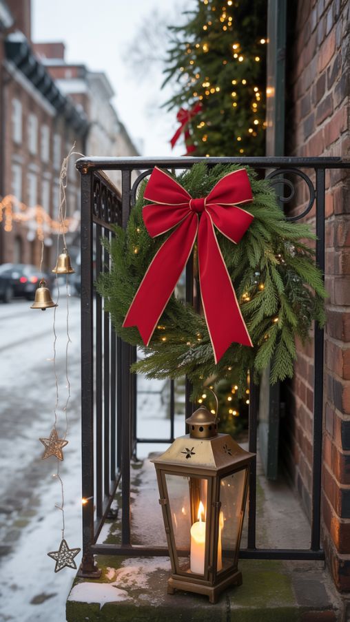 Small Christmas balcony with wreath, lantern, and vertical holiday decorations