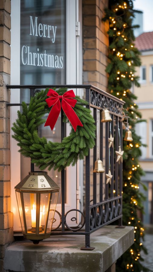 Small Christmas balcony with wreath, lantern, and vertical holiday decorations