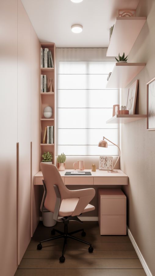 Small Space Home Office Ideas for Women with Vertical Storage and Slim Desk