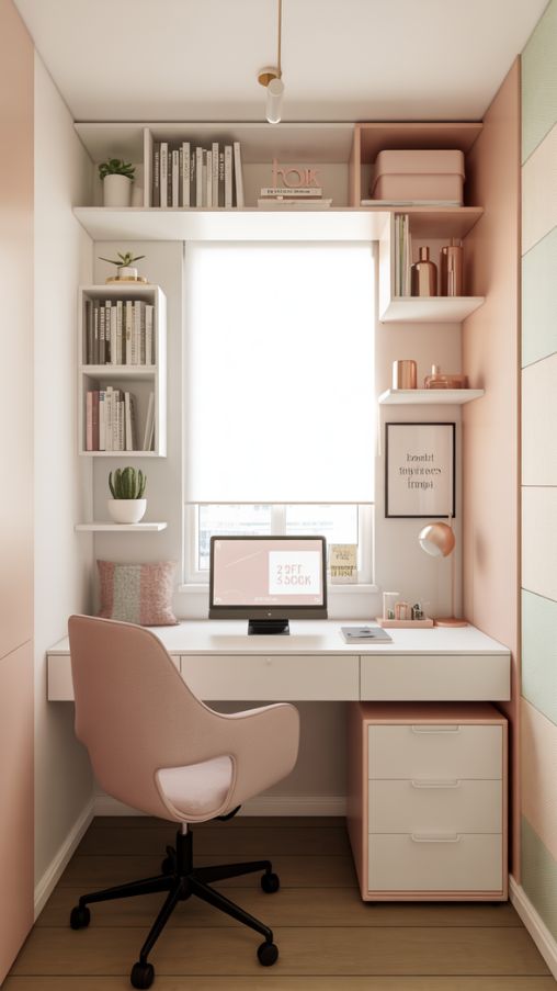 Small Space Home Office Ideas for Women with Vertical Storage and Slim Desk