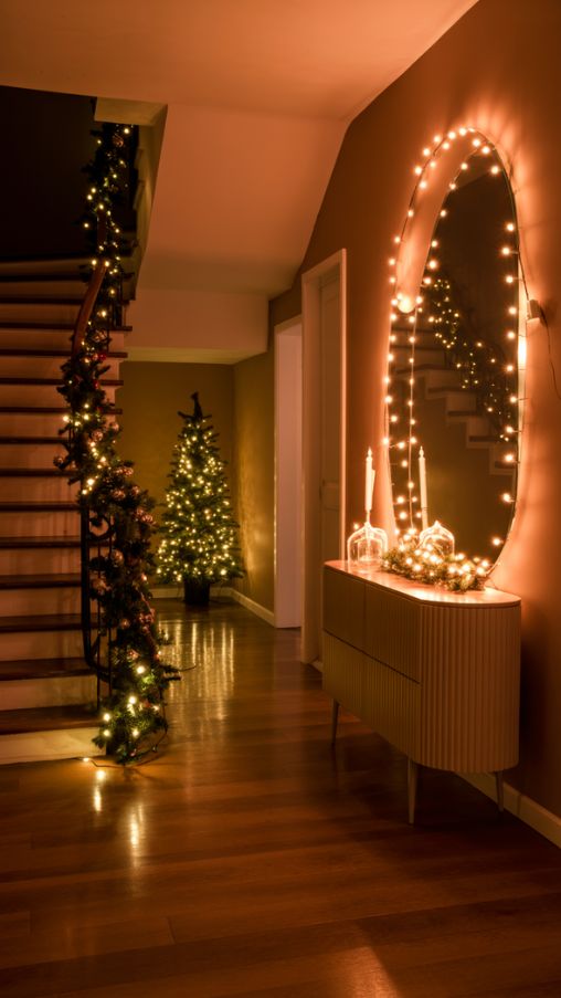 A beautifully lit Christmas hallway featuring smart LED strips, fairy lights, LED candles, and mini pre-lit trees creating a warm and magical holiday glow.