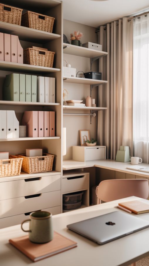 Smart Storage Home Office Ideas for Women with Vertical Shelves and Hidden Drawers