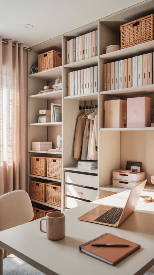 Smart Storage Home Office Ideas for Women with Vertical Shelves and Hidden Drawers