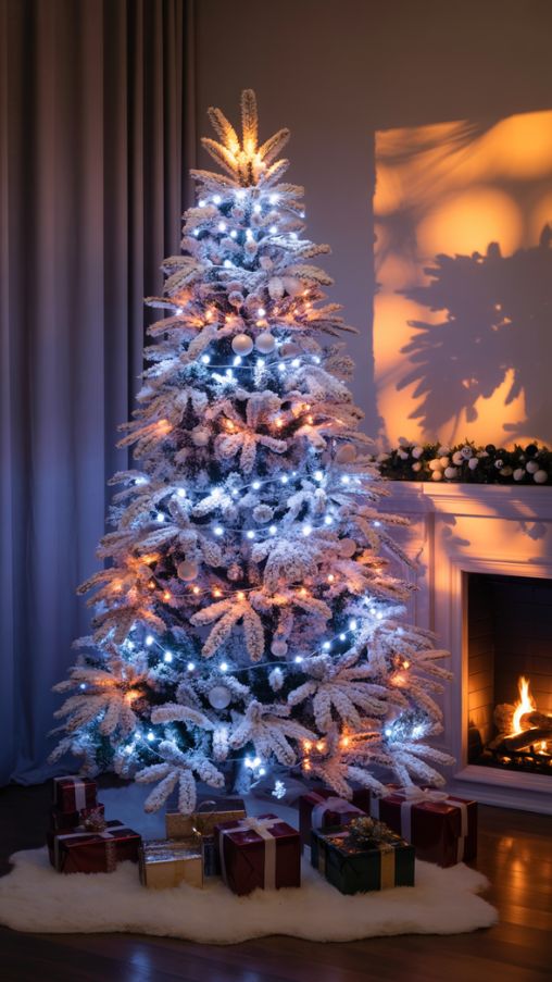 Snow Christmas Tree with Warm and Icy Blue Lighting Ideas