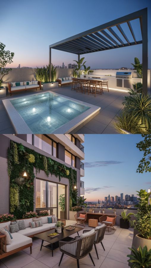 Split-view showing luxury rooftop with Jacuzzi and compact terrace with vertical garden and cozy seating