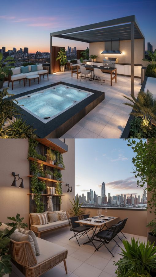 Split-view showing luxury rooftop with Jacuzzi and compact terrace with vertical garden and cozy seating