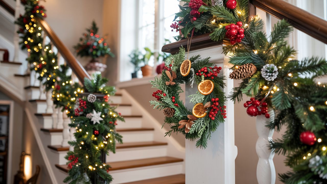 Stair Railing Christmas Decorating Ideas