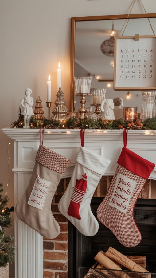 Stocking & Fireplace Decorations, Cozy Christmas Mantel Ideas, Pretty Christmas Decorations