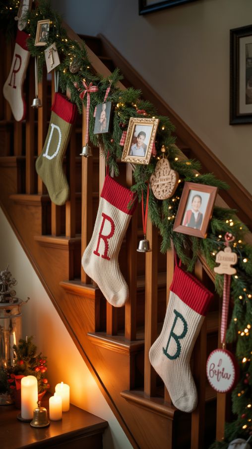 Stockings and Personalized Touches for Stair Railing Christmas Decor
