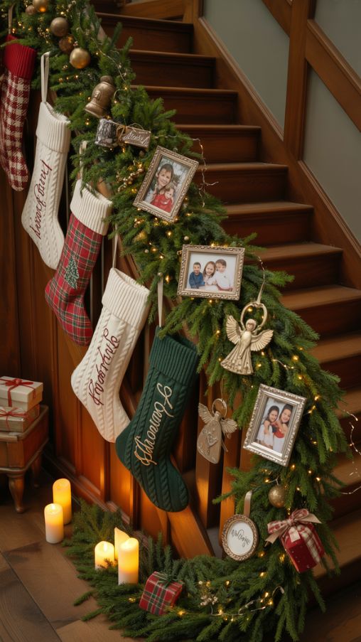 Stockings and Personalized Touches for Stair Railing Christmas Decor