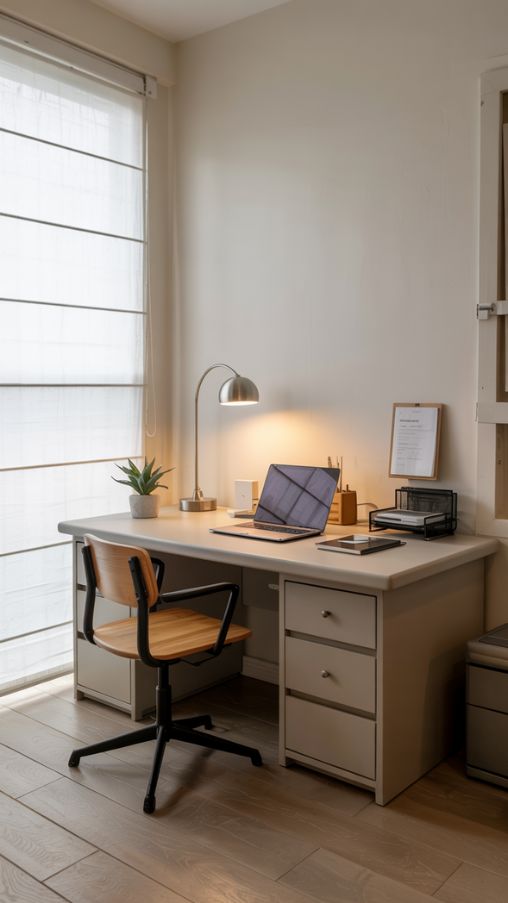 Create a realistic minimalist small home office that emphasizes decluttering and clean design. Include a simple desk with only essential items like a laptop, sleek desk organizer, and a stylish lamp. Show digitized document storage or hidden drawers to reduce visible clutter. Use neutral tones such as white, beige, or light gray, with natural light streaming in to enhance openness. Add subtle decorative elements like a small plant or minimal wall art. The overall feel should be calm, airy, and organized, highlighting how minimalism maximizes space and promotes focus in a compact workspace.