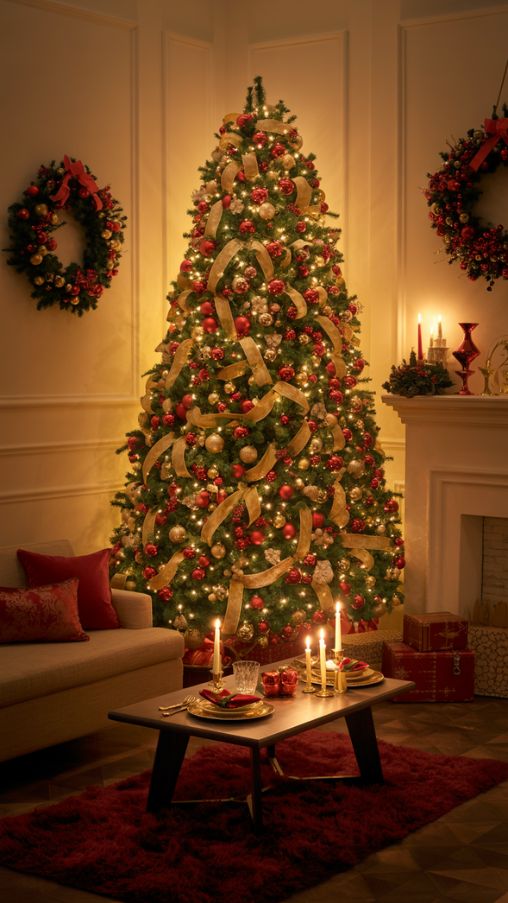 Styling the Room Around a Red and Gold Christmas Tree