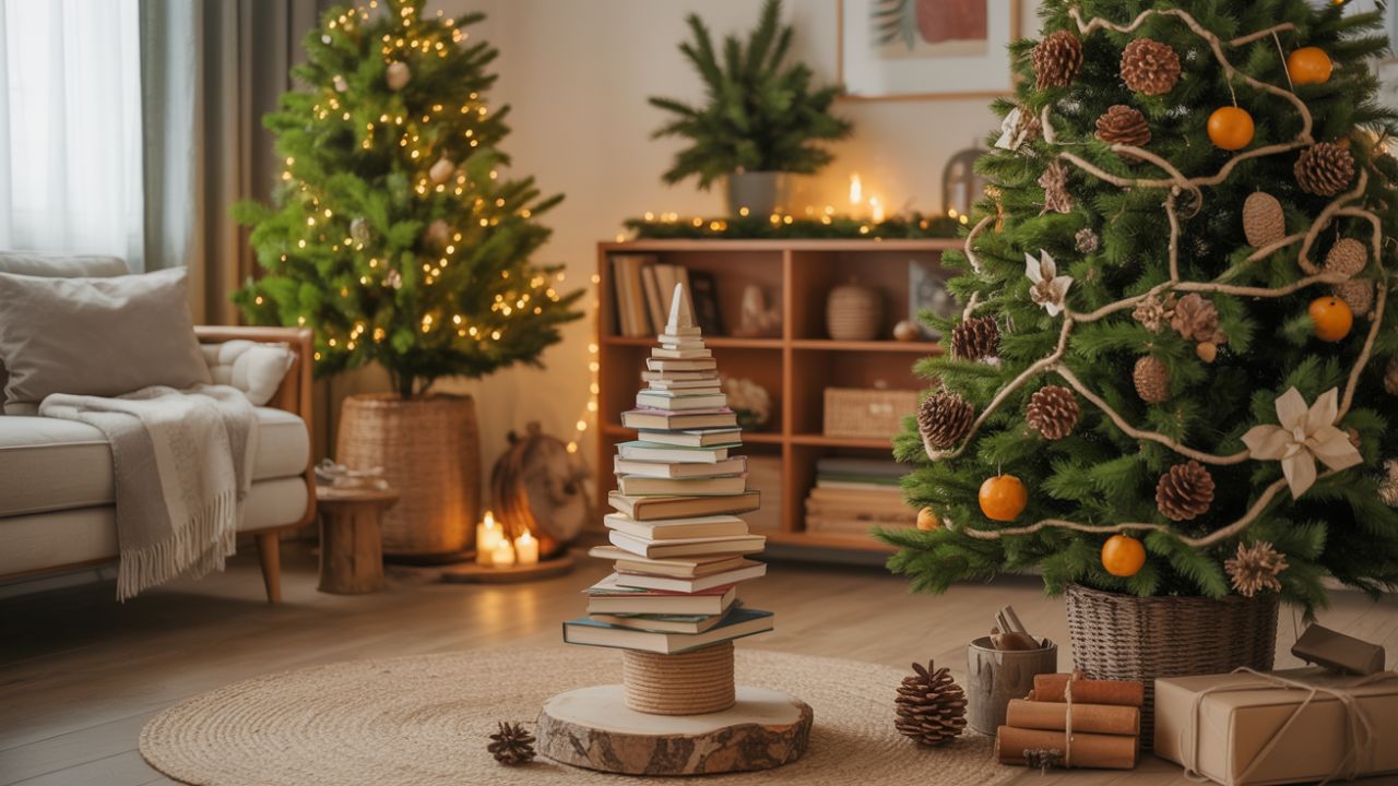 A cozy, warm living room decorated for Christmas featuring a mix of sustainable tree options. One corner has a real pine tree with natural ornaments like pinecones, dried oranges, and twine garlands. Another area displays a sleek artificial tree with reusable decorations, and a small DIY upcycled tree made from stacked books or fabric scraps sits on a table. The room is illuminated by twinkling fairy lights, cinnamon-scented candles, and soft ambient lighting. Natural textures like wooden furniture, rugs, and blankets create a festive yet eco-conscious atmosphere. The scene emphasizes thoughtful, sustainable choices for holiday decorating that leave a lighter footprint.