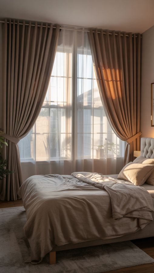 Create a highly detailed, photorealistic bedroom interior showcasing layered curtains for ultimate flexibility. Feature large windows dressed in a combination of sheer panels and heavier blackout drapes, allowing natural sunlight to softly filter through in the morning while providing full darkness at night. Emphasize cozy, inviting textures with a modern or transitional bedroom style. Include coordinated colors and subtle patterns on both sheer and heavier layers to add depth and visual interest. Highlight elegant decor elements such as a plush bed, soft rugs, ambient lighting, and minimalistic furniture to enhance the warmth and sophistication of the room.