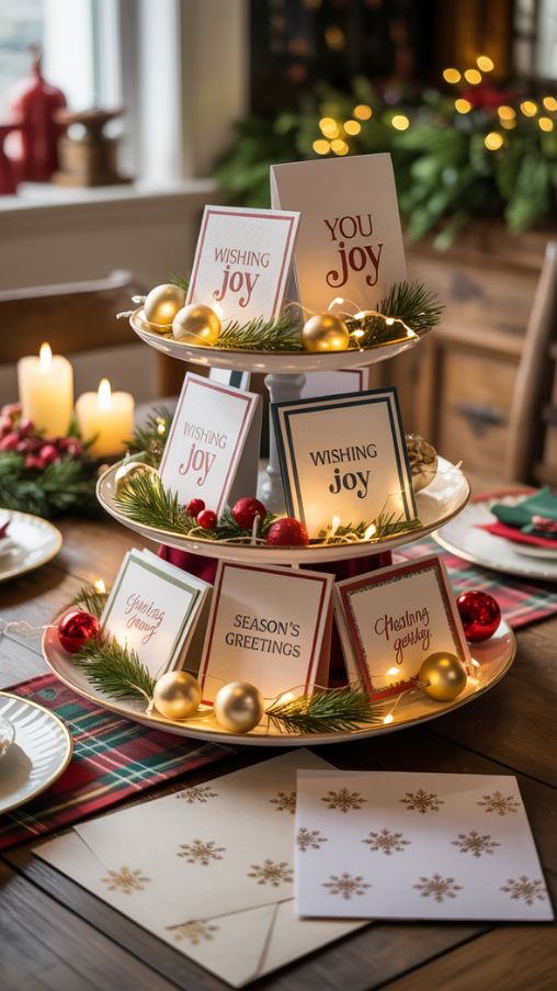 Tiered Stand Christmas Card Display as a Festive Dining Table Centerpiece