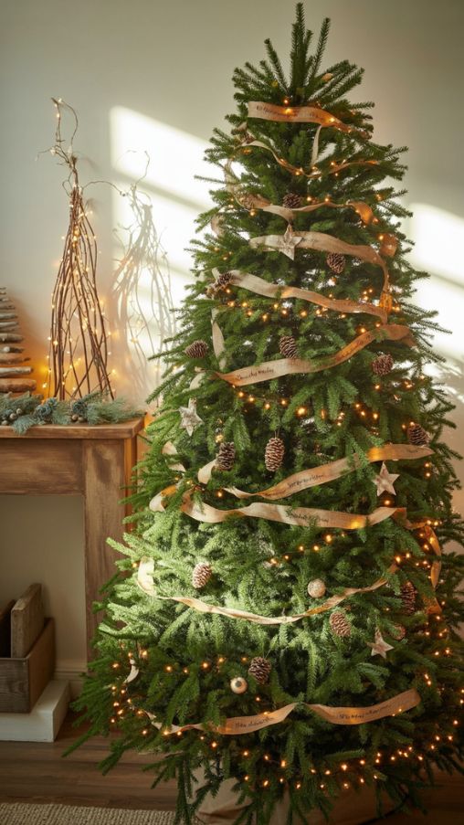 A cozy Woodland Christmas tree illuminated with warm white and amber string lights, woven deep into the branches to create a natural, forest-like glow. Soft fairy lights accent pinecones, small grapevine trees, and rustic décor on the mantel and console, extending the warm ambiance beyond the tree. The lighting highlights textures of wood, greenery, and natural ornaments while casting gentle shadows that evoke the feeling of sunlight filtering through a forest. The scene captures a cozy, intimate woodland holiday atmosphere, with a magical and inviting glow perfect for a family-friendly Christmas setting.Keywords/Focus:
Woodland Christmas tree lighting, cozy forest-themed Christmas decor, warm holiday string lightsAlt Tag for Image:
Woodland Christmas tree with warm white and amber string lights, fairy lights on pinecones and grapevine trees, creating a cozy forest-inspired holiday glowImage Title:
Lighting Ideas for a Cozy Woodland Christmas Tree