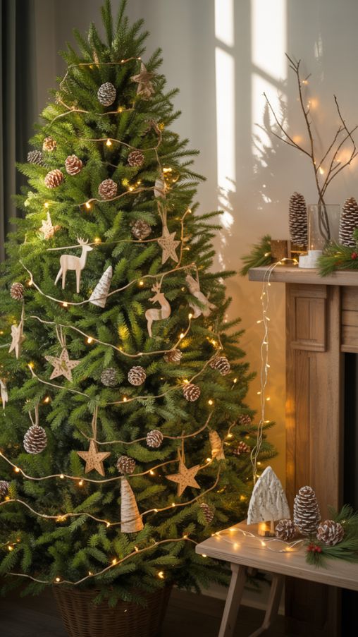 A cozy Woodland Christmas tree illuminated with warm white and amber string lights, woven deep into the branches to create a natural, forest-like glow. Soft fairy lights accent pinecones, small grapevine trees, and rustic décor on the mantel and console, extending the warm ambiance beyond the tree. The lighting highlights textures of wood, greenery, and natural ornaments while casting gentle shadows that evoke the feeling of sunlight filtering through a forest. The scene captures a cozy, intimate woodland holiday atmosphere, with a magical and inviting glow perfect for a family-friendly Christmas setting.Keywords/Focus:
Woodland Christmas tree lighting, cozy forest-themed Christmas decor, warm holiday string lightsAlt Tag for Image:
Woodland Christmas tree with warm white and amber string lights, fairy lights on pinecones and grapevine trees, creating a cozy forest-inspired holiday glowImage Title:
Lighting Ideas for a Cozy Woodland Christmas Tree