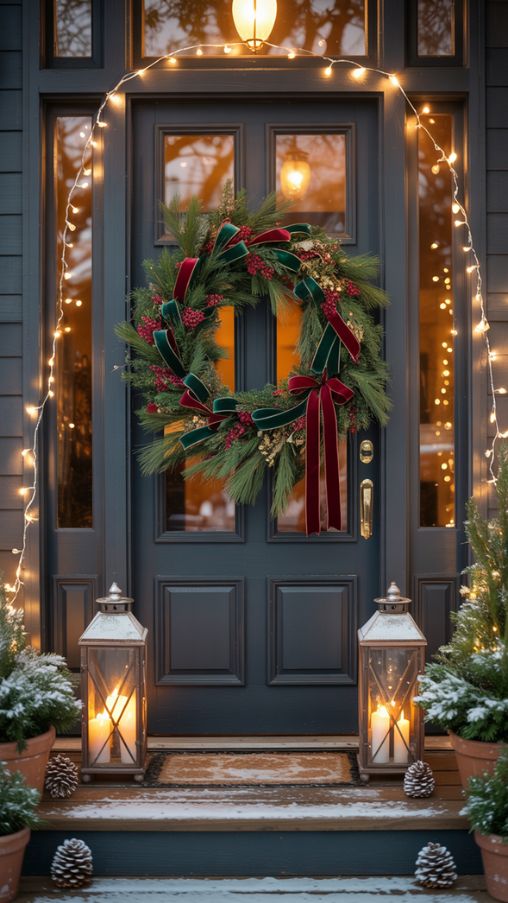Aesthetic Christmas Decor Ideas for outdoor and entryway spaces, photorealistic style, cozy front porch decorated with a statement wreath on the door, string fairy lights along railings, lanterns with warm candlelight by the entrance, small potted trees and natural accents like pinecones and berries, neutral and jewel-tone color palette complementing indoor decor, attention to textures and realistic lighting, inviting and festive atmosphere, ultra-realistic shadows and reflections, high-resolution, depth of field emphasizing a welcoming and cohesive holiday aestheticKeywords/Focus: Aesthetic Christmas Decor Ideas, outdoor Christmas decorations, entryway holiday styling, festive porch ideasAlt Tag for Image: Front porch decorated for Christmas with a statement wreath, string lights, lanterns, potted trees, and natural accents creating a cozy and inviting festive atmosphereImage Title: Outdoor and Entryway Christmas Decor Ideas