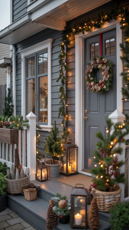 Aesthetic Christmas Decor Ideas for outdoor and entryway spaces, photorealistic style, cozy front porch decorated with a statement wreath on the door, string fairy lights along railings, lanterns with warm candlelight by the entrance, small potted trees and natural accents like pinecones and berries, neutral and jewel-tone color palette complementing indoor decor, attention to textures and realistic lighting, inviting and festive atmosphere, ultra-realistic shadows and reflections, high-resolution, depth of field emphasizing a welcoming and cohesive holiday aestheticKeywords/Focus: Aesthetic Christmas Decor Ideas, outdoor Christmas decorations, entryway holiday styling, festive porch ideasAlt Tag for Image: Front porch decorated for Christmas with a statement wreath, string lights, lanterns, potted trees, and natural accents creating a cozy and inviting festive atmosphereImage Title: Outdoor and Entryway Christmas Decor Ideas