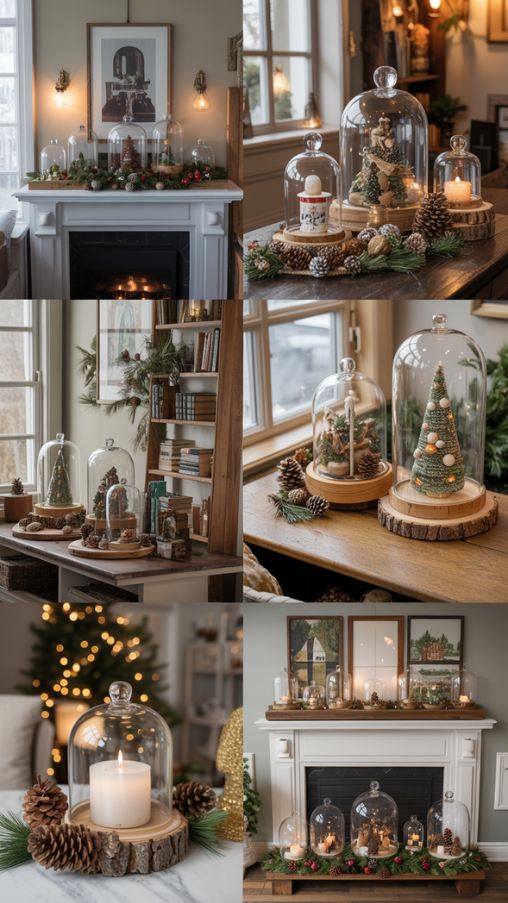 Create a photorealistic image of beautifully styled Christmas cloches displayed throughout a cozy home interior. Arrange glass cloches of varying sizes and themes—some whimsical, some rustic—on mantels, tabletops, windowsills, and kitchen counters. Pair them with wooden rounds, books, and trays to add height and dimension. Surround the bases with pinecones, ribbons, and small ornaments for a cohesive holiday look. Use warm natural and ambient lighting to highlight the textures of glass, wood, and greenery. The overall mood should feel festive, balanced, and inviting, showing how versatile cloches can be when styled thoughtfully in different spaces.Keywords/Focus: styling Christmas cloches, festive home decor ideas, holiday cloche displayAlt Text for Image: Christmas cloches of various sizes styled on mantels, tables, and windowsills with pinecones, ribbons, and ornaments for a warm festive home displayImage Title: Styling Your Cloches Throughout the Home for a Festive Holiday Look