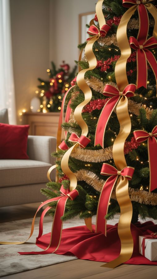 Using Ribbons and Garland for a Luxurious Red and Gold Christmas Tree