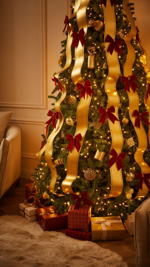 Using Ribbons and Garland for a Luxurious Red and Gold Christmas Tree