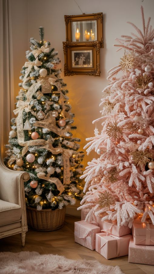 A breathtaking holiday scene capturing the wonder of winter both indoors and outdoors. Inside, a Frozen-Inspired Snow Tree sparkles like an enchanted palace—decorated with silver, light blue, and crystal-clear ornaments that reflect soft white lights. Snowflake toppers and shimmer garlands drape across frosted branches, creating a magical, icy glow that fills the room with fairytale charm. Outside, an Outdoor Snowy Tree Setup transforms the entryway into a cozy winter wonderland. Real or frosted pine trees are wrapped in warm fairy lights, with rustic lanterns and wicker baskets filled with pinecones placed beneath. Gentle snowfall completes the picture, evoking the warmth and nostalgia of a Christmas movie scene.Focus/Keywords: frozen-inspired snow Christmas tree, outdoor snowy Christmas tree decor, silver and blue Christmas decorations, winter wonderland home styling, outdoor Christmas lighting ideasImage Title: Frozen-Inspired Indoor Tree and Cozy Outdoor Snowy Christmas DisplayAlt Text: Silver and blue frozen-inspired snow Christmas tree glowing indoors beside an outdoor setup with frosted pine trees, fairy lights, and lanterns filled with pinecones for a cozy holiday atmosphere
