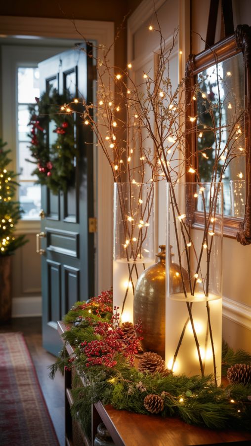 Warm Entryway Christmas Vase Ideas with Lighted Twigs and Festive Accents
