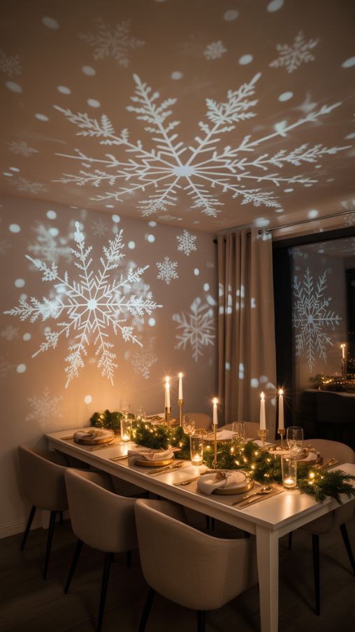 A cozy, modern dining room softly illuminated by a subtle indoor light projector casting delicate snowflake patterns on the ceiling and walls. The warm glow from nearby LED candles and string lights complements the cool white projection, creating a balanced, magical holiday ambiance. The dining table is elegantly set with neutral linens, gold accents, and evergreen centerpieces. The overall scene feels intimate and festive—perfect for small spaces that want a touch of Christmas magic without overpowering the decor.