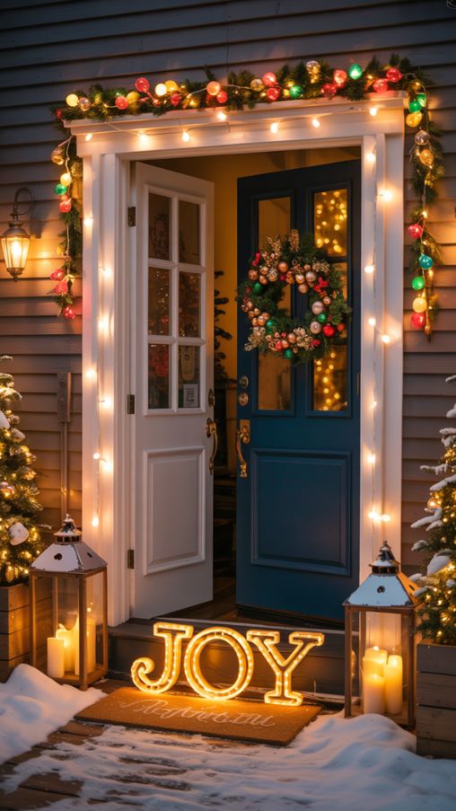 Warmly Lit Christmas Entryway with String Lights and JOY Rope Light Decor