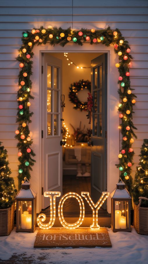 Warmly Lit Christmas Entryway with String Lights and JOY Rope Light Decor