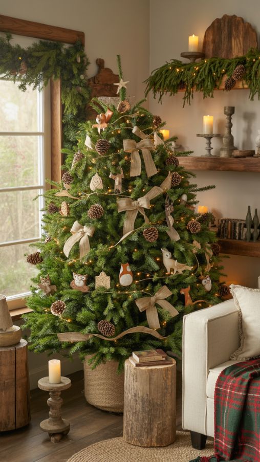 A cozy living room decorated with Woodland Christmas decor, featuring a lush real Christmas tree in the corner with slightly irregular branches. The tree is adorned with pinecones, wooden ornaments, burlap ribbons, and small woodland animal figurines. Warm golden fairy lights are intertwined through the branches, creating a soft, inviting glow. Rustic elements like wooden candle holders, a plaid throw on a sofa, and natural greenery accents on shelves complement the scene. Sunlight filters gently through a nearby window, highlighting the textures and natural colors of the decorations, evoking a warm, forest-inspired holiday atmosphere.Keywords/Focus:
Woodland Christmas decor, rustic holiday decorations, cozy forest-themed ChristmasAlt Tag for Image:
Cozy living room with Woodland Christmas decor featuring a real Christmas tree, wooden ornaments, pinecones, burlap ribbons, and warm golden lightsImage Title:
Woodland Christmas Decor Ideas for a Cozy Rustic Holiday